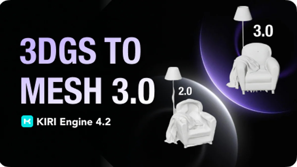 KIRI Engine ship 3DGS to Mesh 3.0: cáp mảnh, chân ghế, cành cây sống sót qua convert