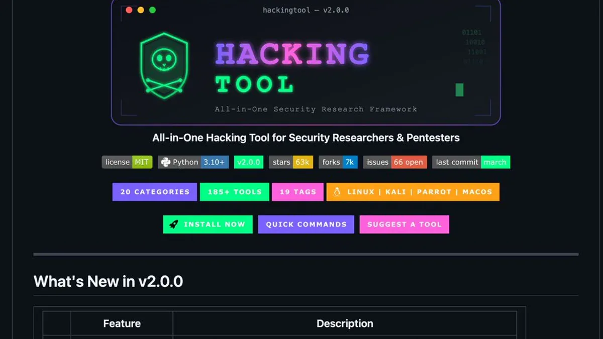HackingTool: Bộ công cụ pentest all-in-one 185+ tools, 63K sao GitHub
