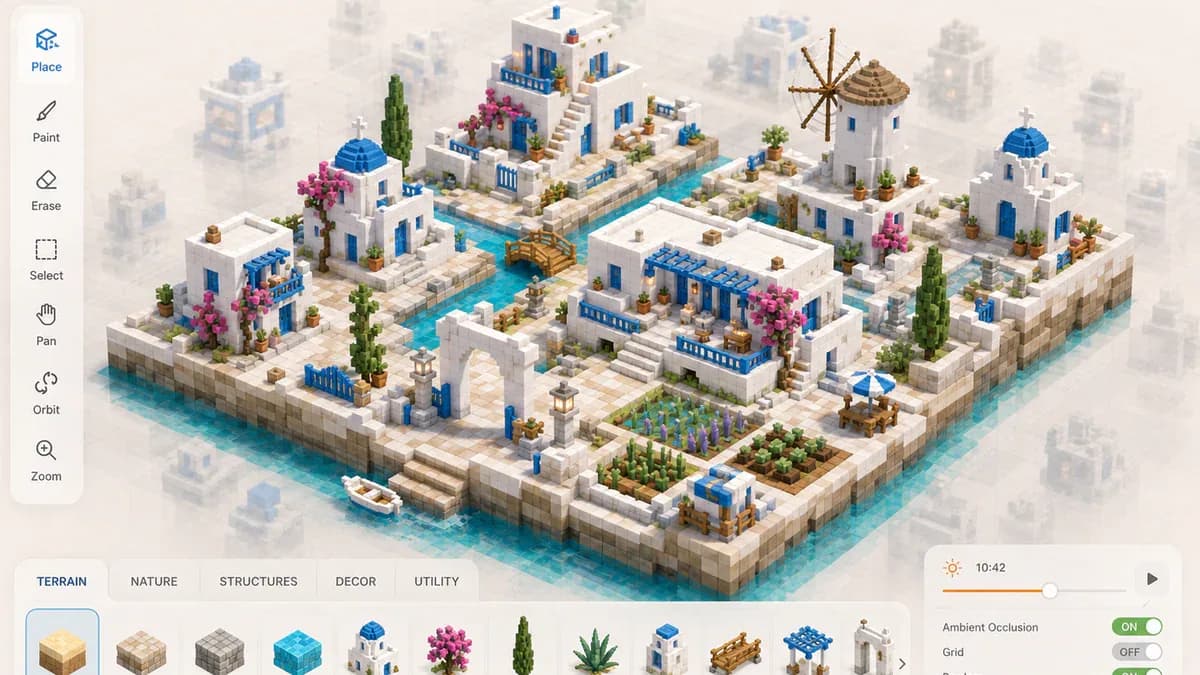 Mykonos Island Voxels: Trình xây đảo isometric trên trình duyệt, không cần bundler